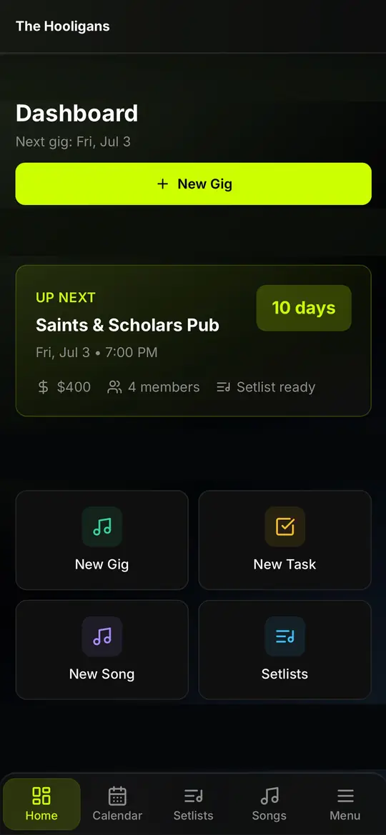 DSC Hub home screen showing upcoming gigs, setlists, and rehearsals